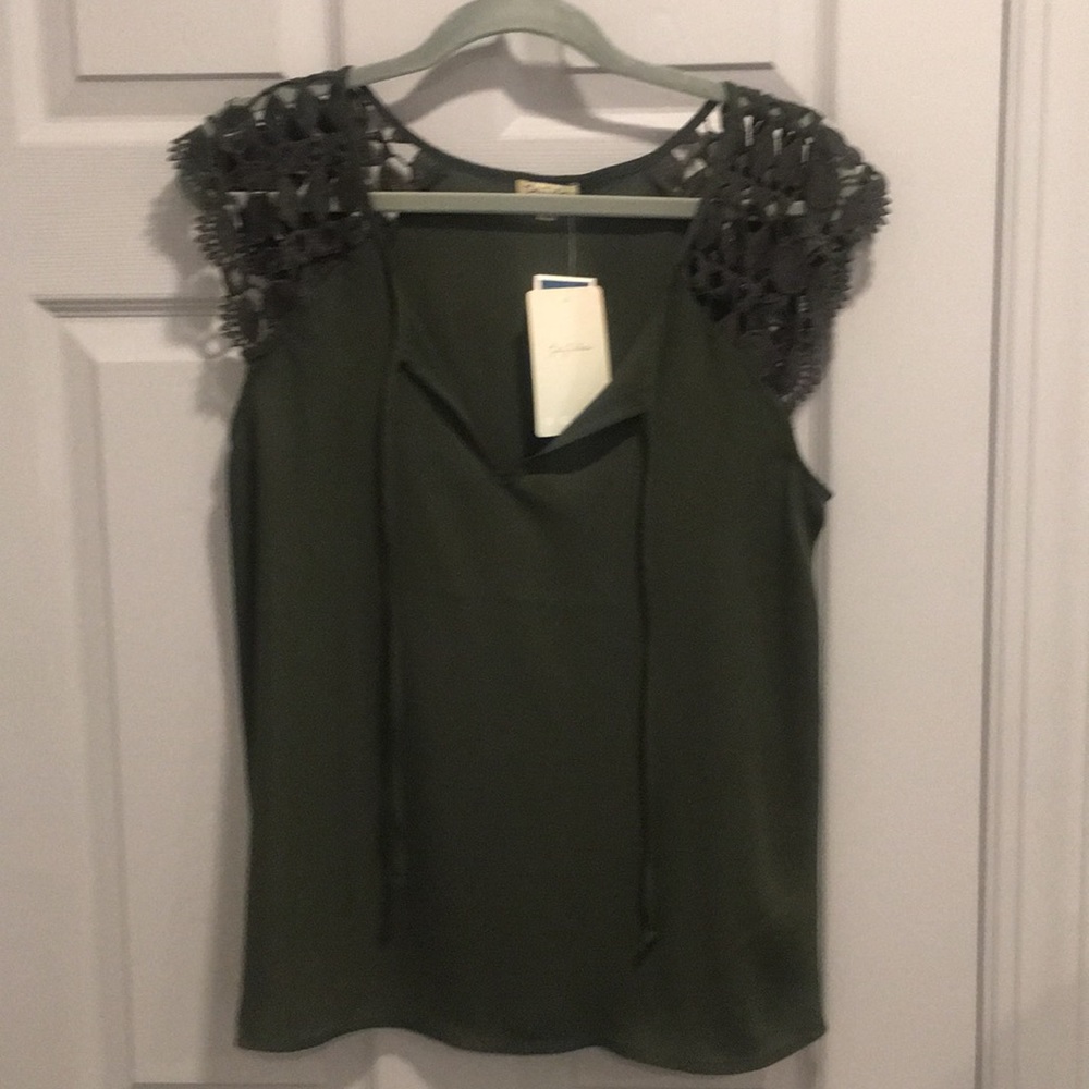 Sheer Olive Blouse with Crochet Shoulders